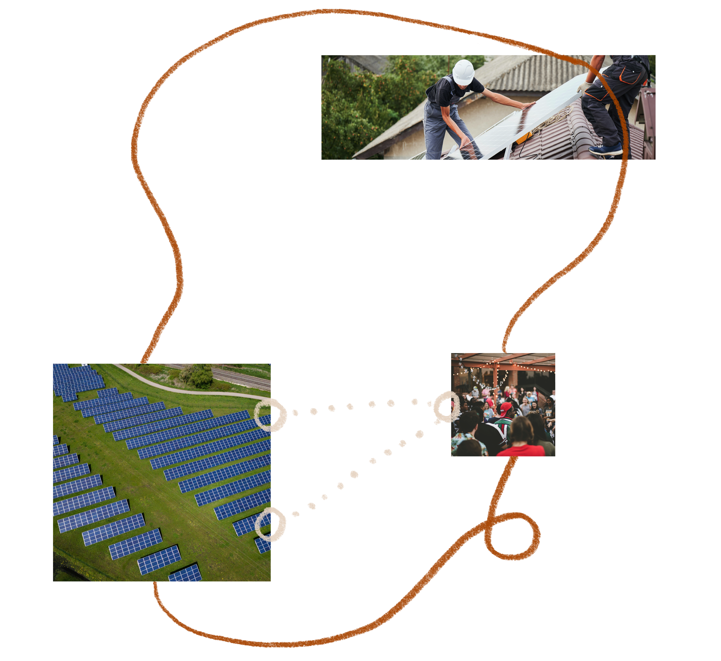A collage that includes two men wearing safety helmets working on a house roof with solar panels, surrounded by trees and a green landscape; an areal view of a solar array and people enjoying a neighborhood block party.