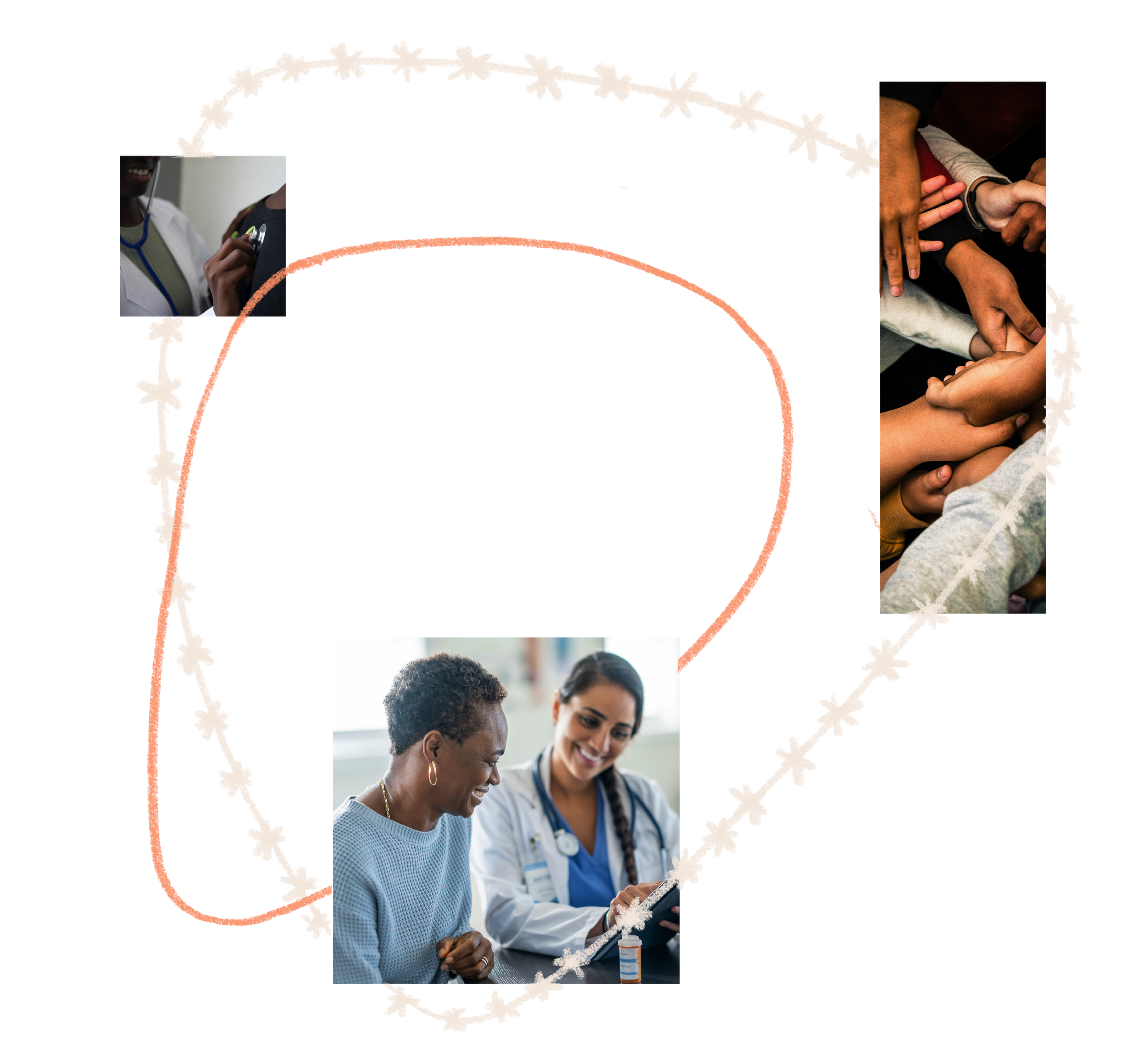 A collage that includes two healthcare professionals, one in a white coat and the other in scrubs, sit at a table with patients, a doctor holding a stethoscope, and many pairs of interlocked hands.