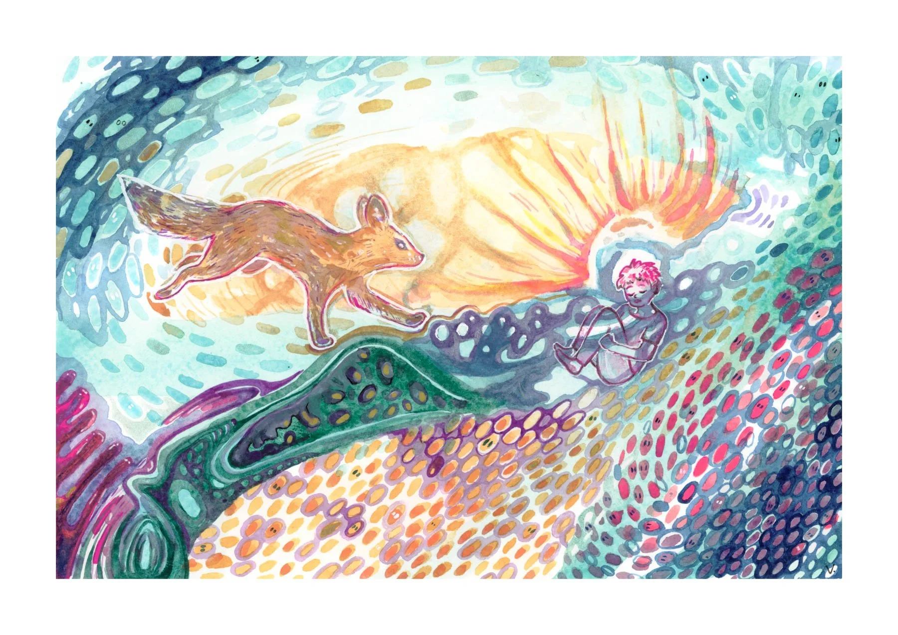 Une illustration colorée avec un chat sautant d'une créature aquatique, un garçon assis sur une roche, un ciel ensoleillé avec des rayons de soleil et un décor de nature stylisé