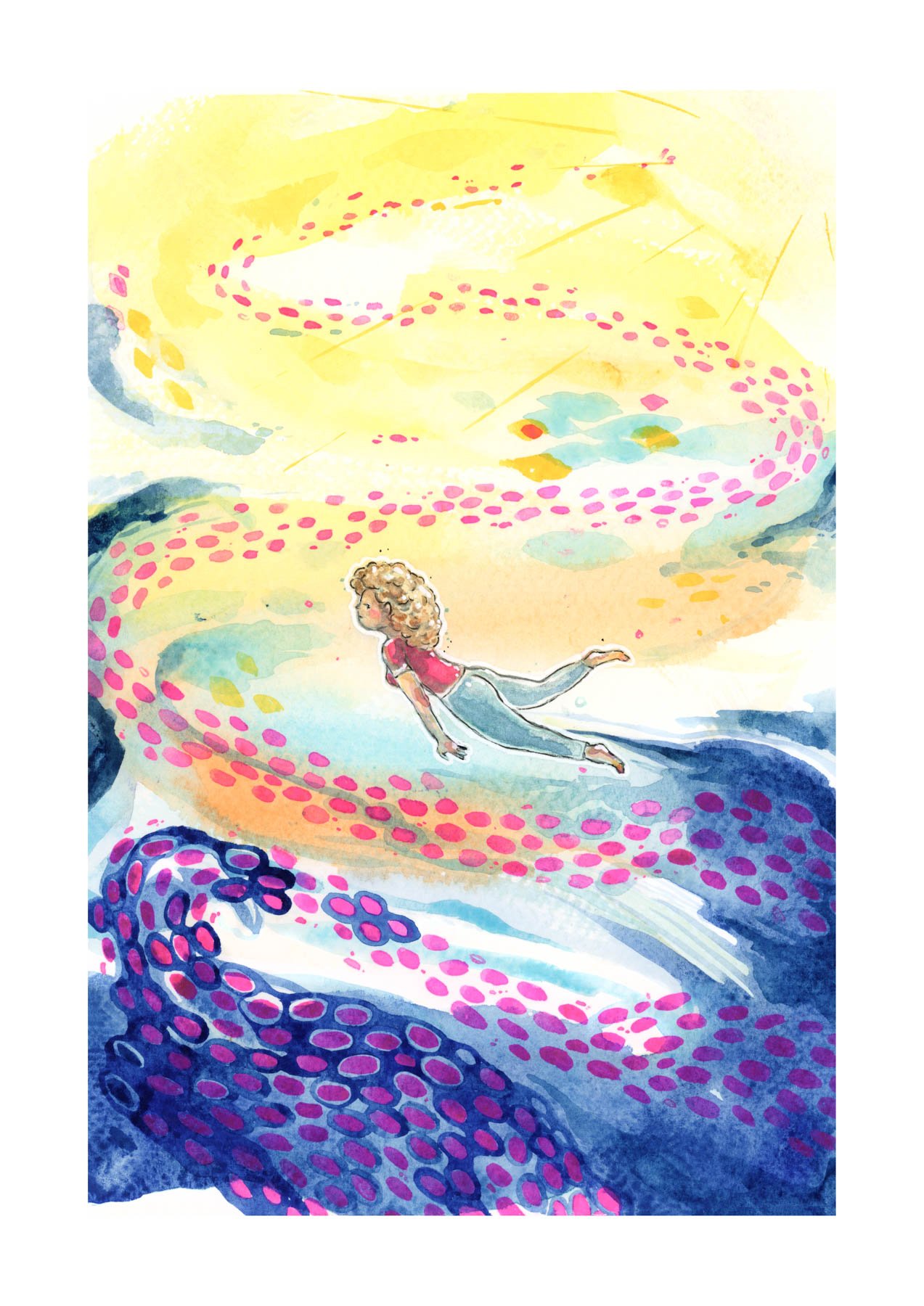 Une illustration aquarelle d'une jeune fille nageant dans l'eau colorée, entourée de tourbillons et de vagues dans des tons de bleu, violet et rose, sous un ciel ensoleillé.