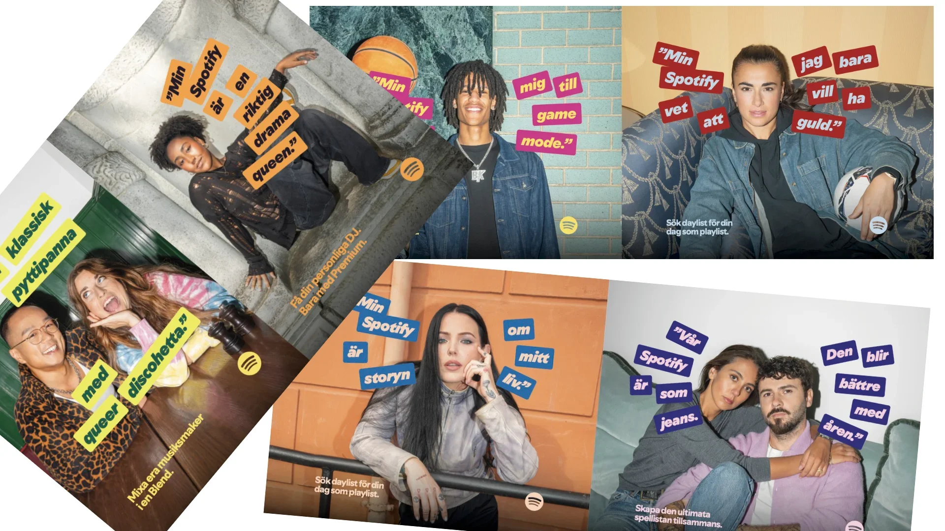 Collage of people with text in Swedish about Spotify playlists and music, featuring a woman with curly hair and a denim jacket, a man with dark hair and a woman with straight black hair, all in casual settings.