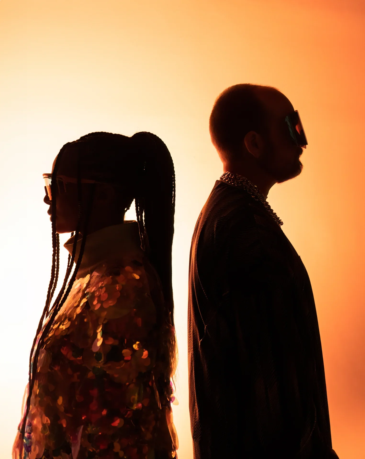 Silhouettes of a woman with braided hair and a man with glasses and a beard, standing back-to-back against a sunset background.