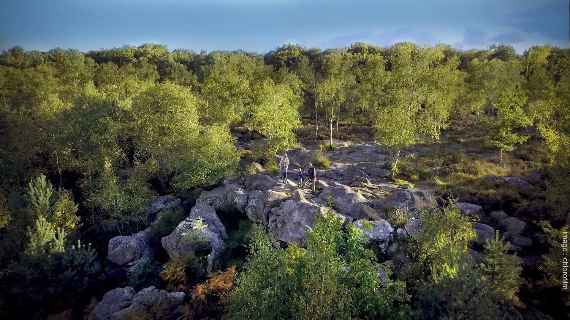 Une famille marche sur un chemin rocheux entouré d'arbres verts sous un ciel bleu clair.