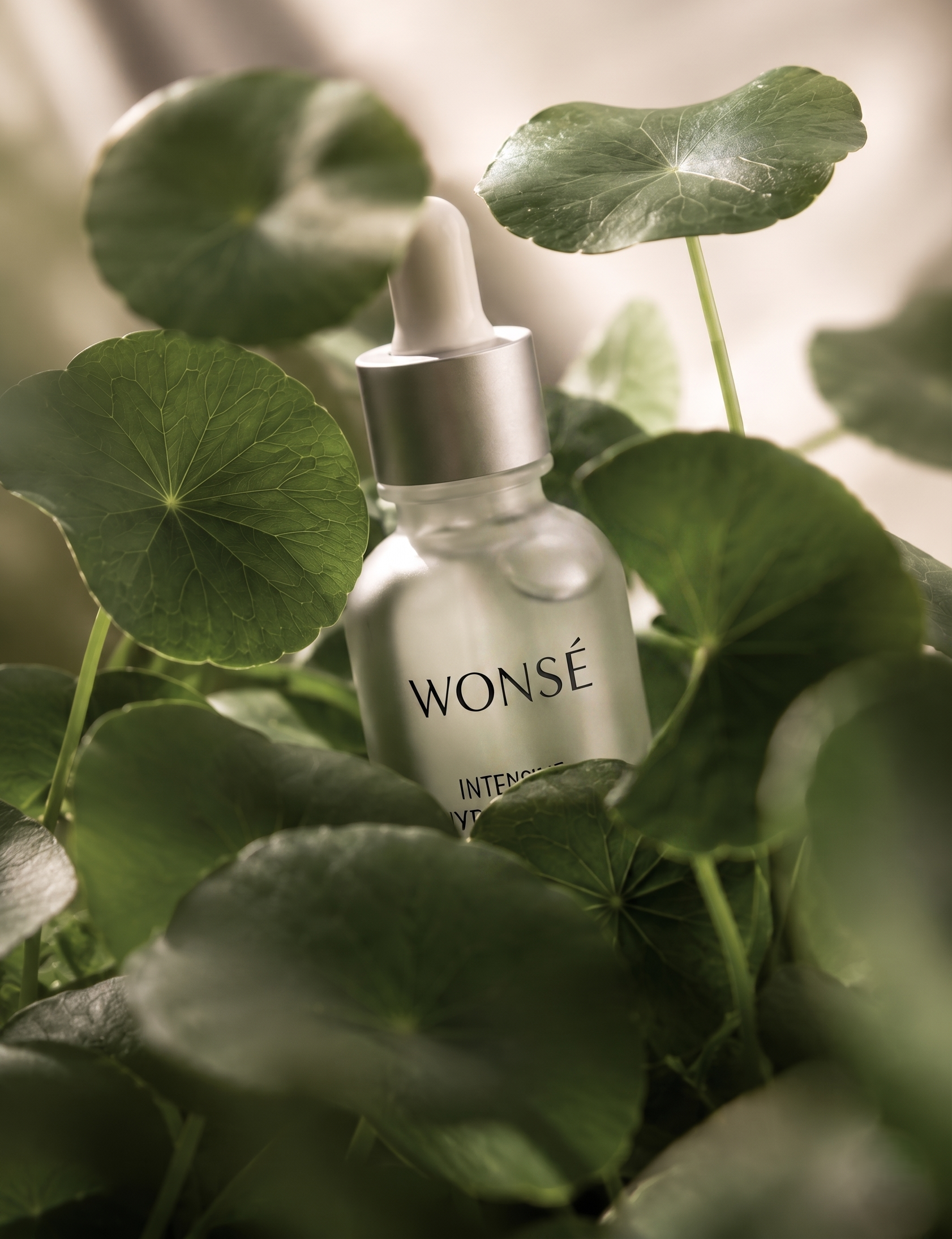 A skincare or cosmetic spray bottle labelled 'WONSÉ' surrounded by green leaves.