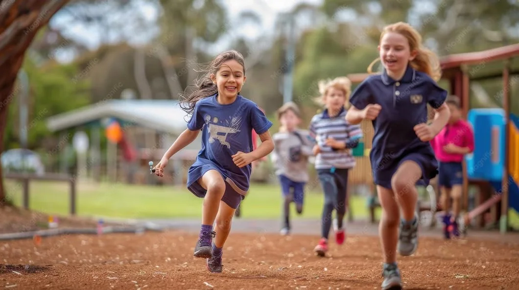 Children running on playground with trees and playground equipment in the background.
