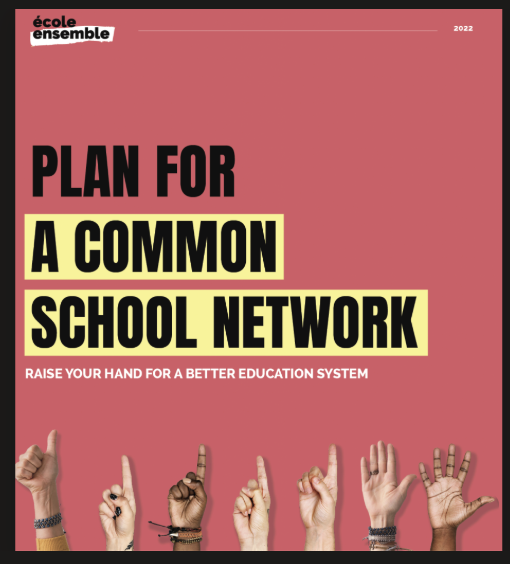 Cover of a publication titled 'Plan for a Common School Network' with a red background, black and yellow text, and images of raised hands at the bottom.