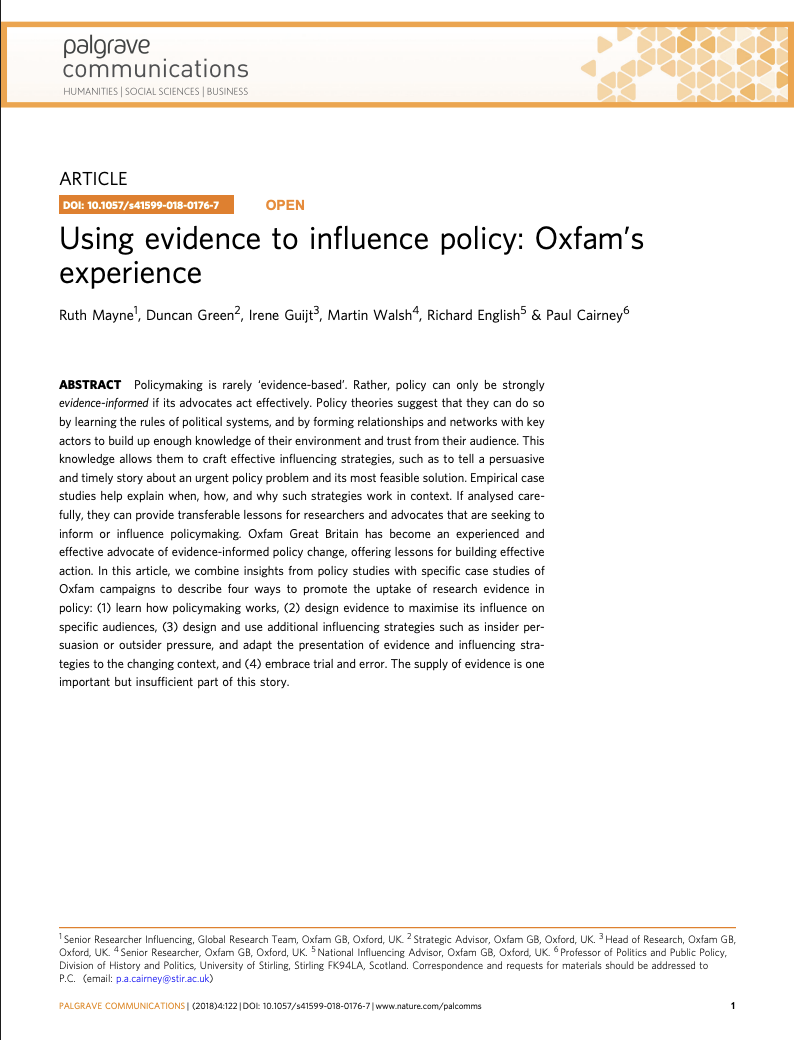 Academic article titled 'Using evidence to influence policy: Oxfam's experience' from Palgrave Communications journal, discussing evidence-based policymaking and strategies to promote research influence.