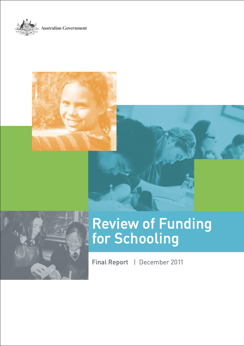 Cover page of a government report titled 'Review of Funding for Schooling,' dated December 2011, with images of children and a woman in a classroom setting.
