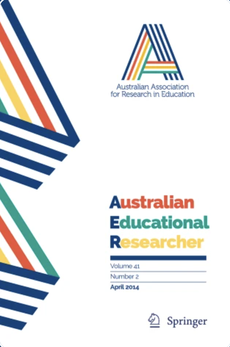 Cover page of a journal titled "Australian Educational Researcher," published in April 2014 by Springer. The journal features colorful geometric lines and the Australian Association for Research in Education logo.
