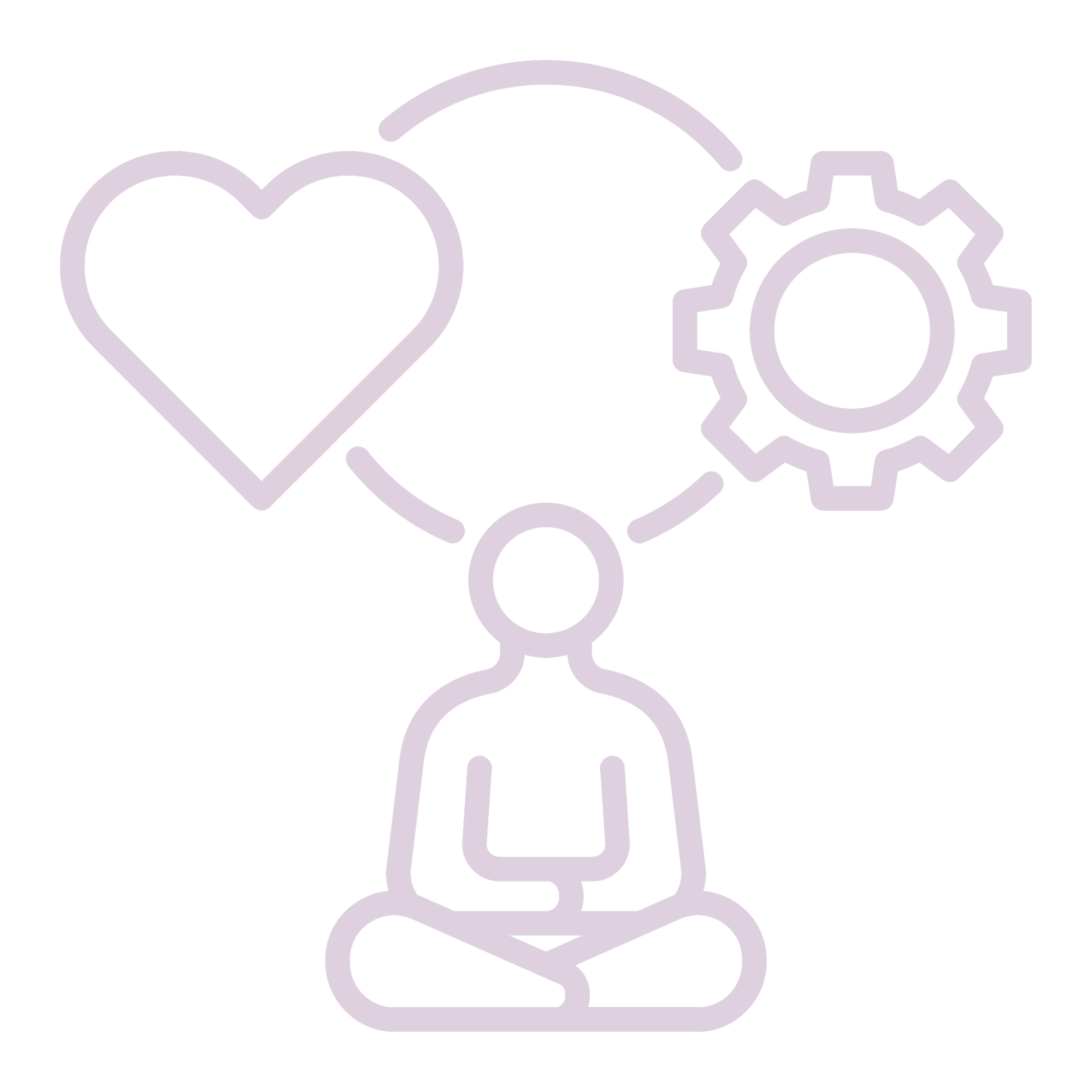 Line drawing of a person meditating with a heart, a gear, and a lightbulb connected to them.
