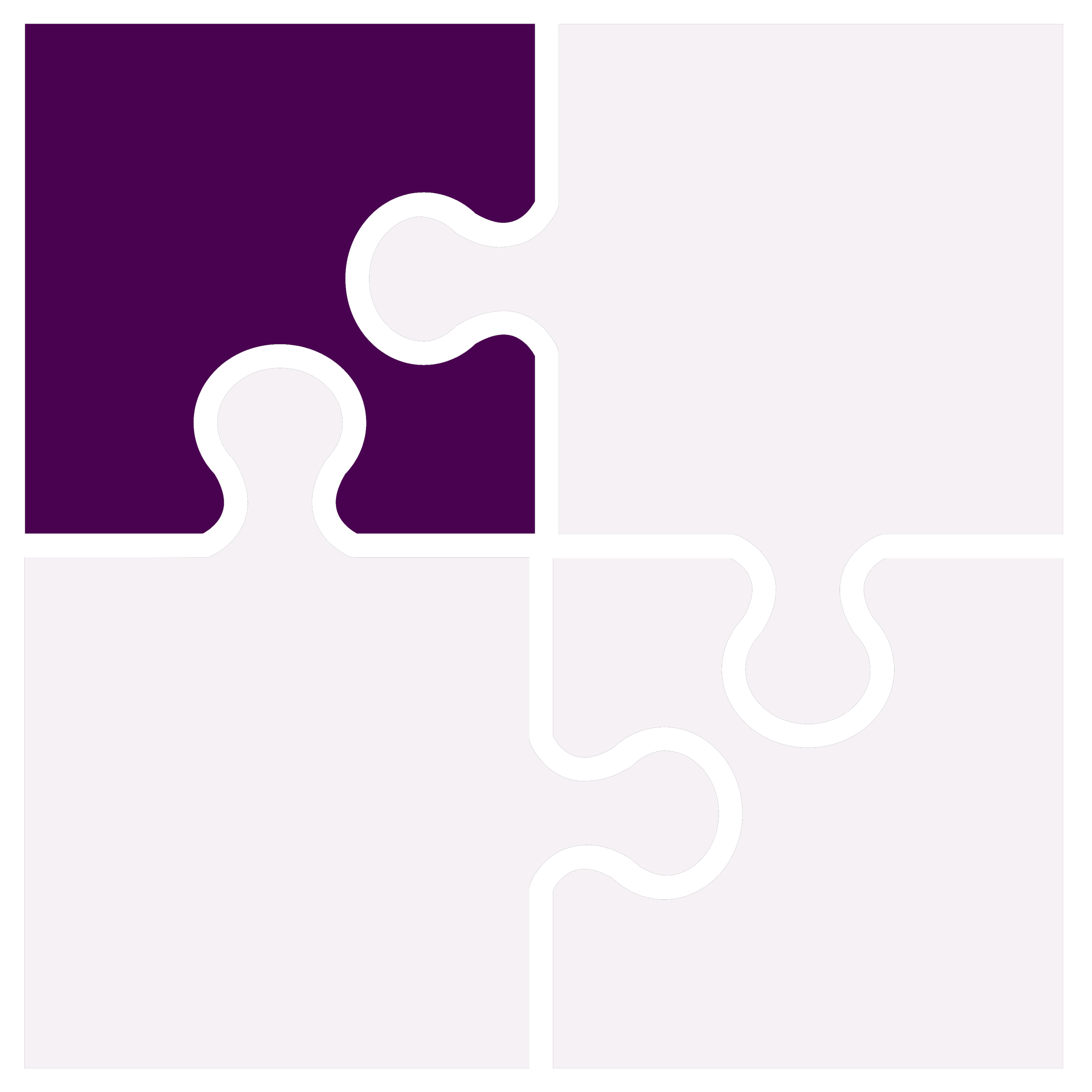 A jigsaw puzzle with four pieces, one colored purple, three blank.