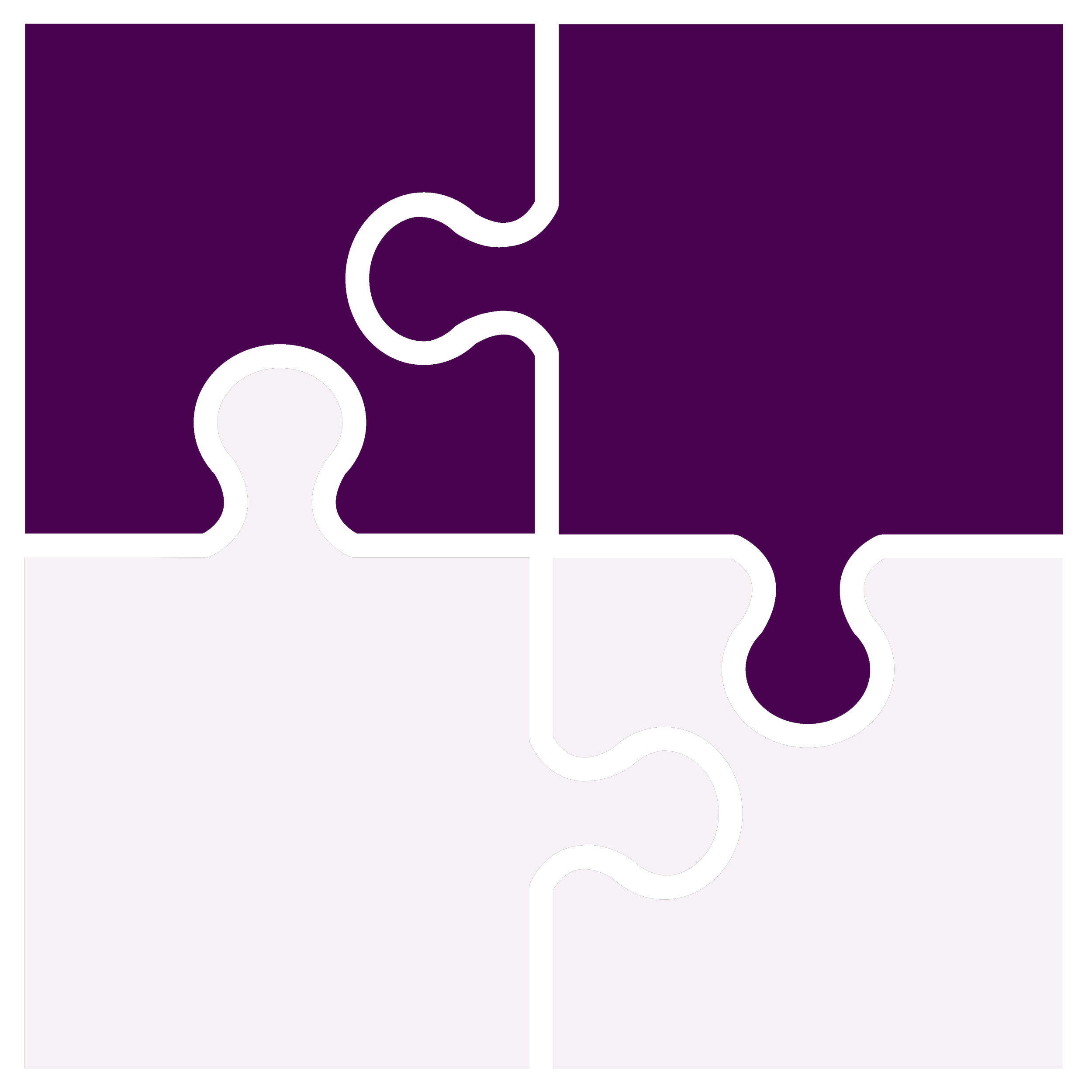 A jigsaw puzzle with four pieces, two colored purple, two blank.