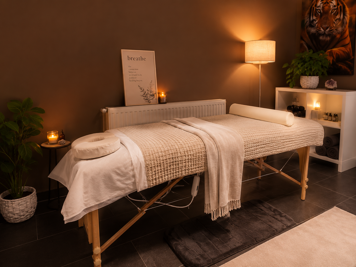 Therapy room with massage table, candles, indoor plants, framed poster reading 'breathe,' warm lighting, and shelves with towels and essential oils.