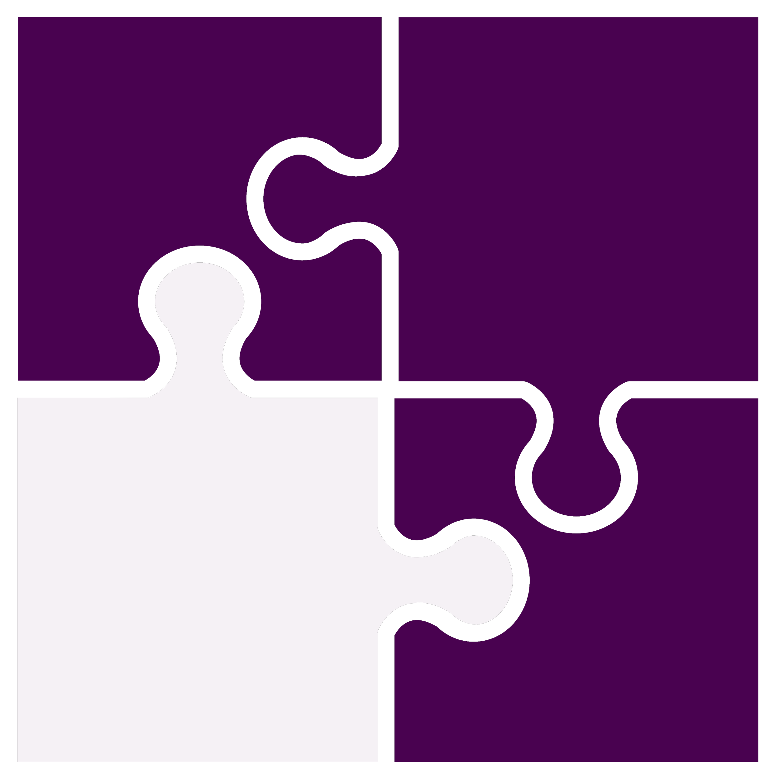 A jigsaw puzzle with four pieces, three colored purple, one blank.