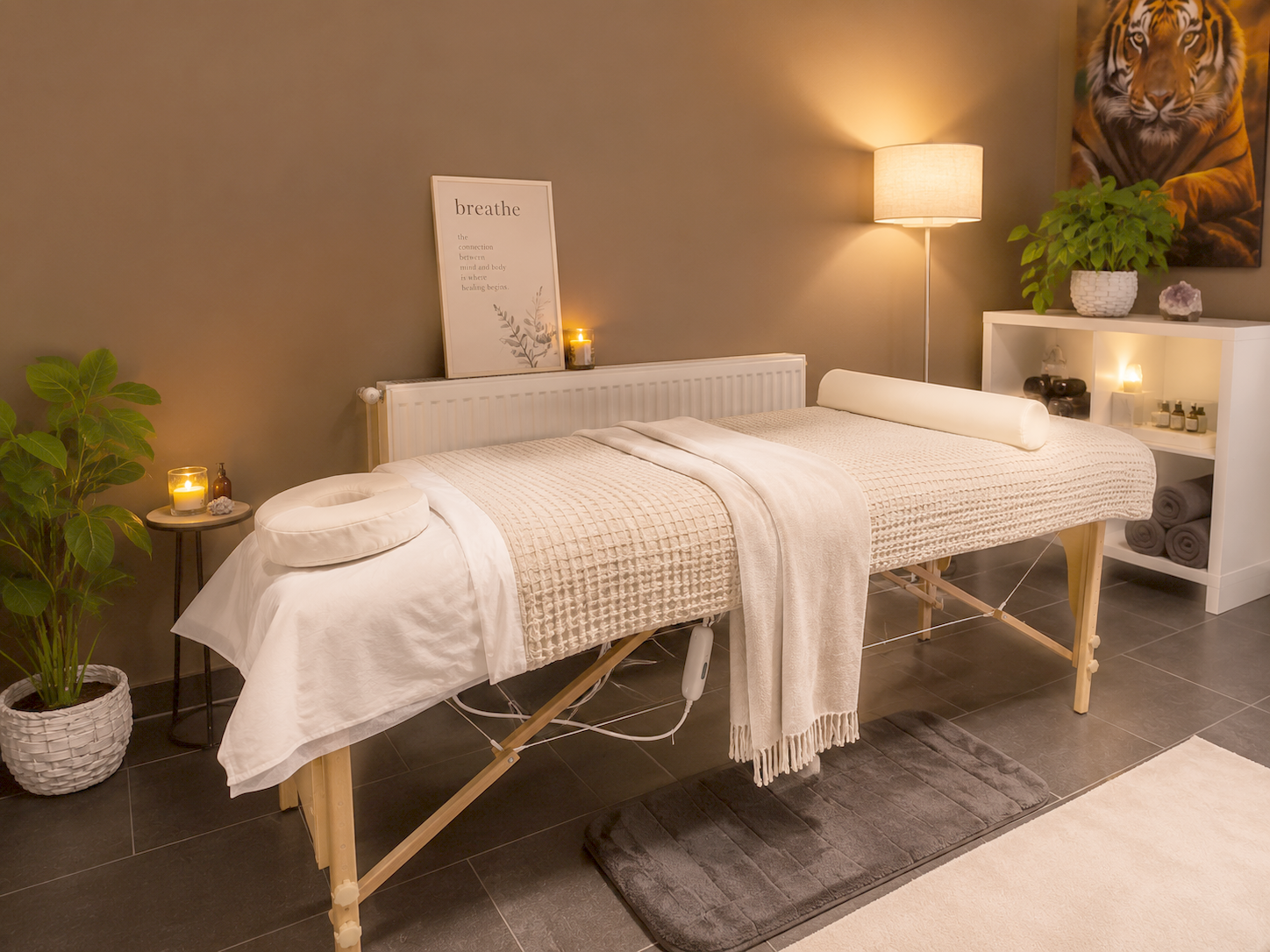 A massage table in a cozy room decorated with plants, candles, and artwork, creating a relaxing atmosphere.