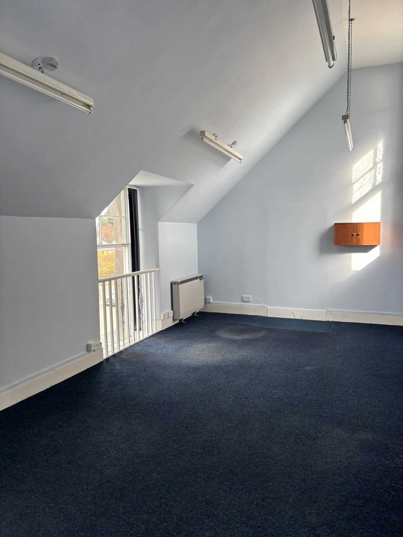 An empty room with blue carpet, white walls, a window with a balcony, and fluorescent lights on the ceiling.