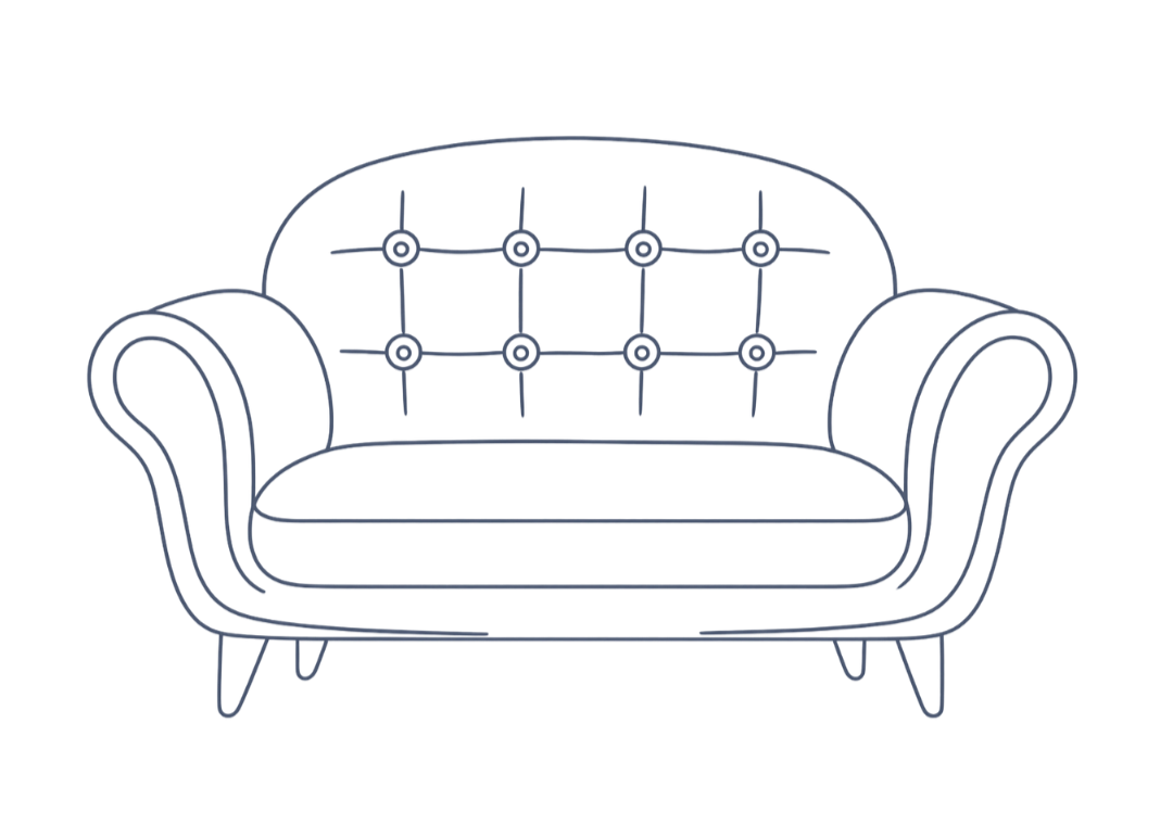 Line drawing of a vintage-style sofa with curved armrests, a button-tufted backrest, and four angled legs.