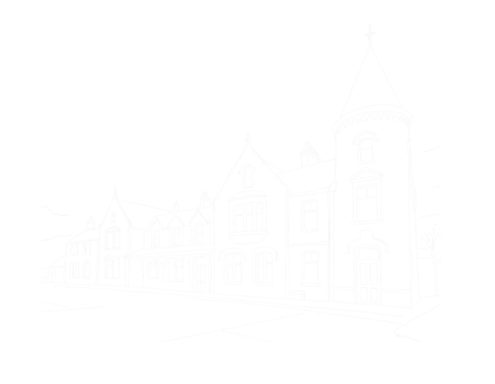 Line drawing of an old Victorian-style house with turrets and multiple windows, set against a black background.
