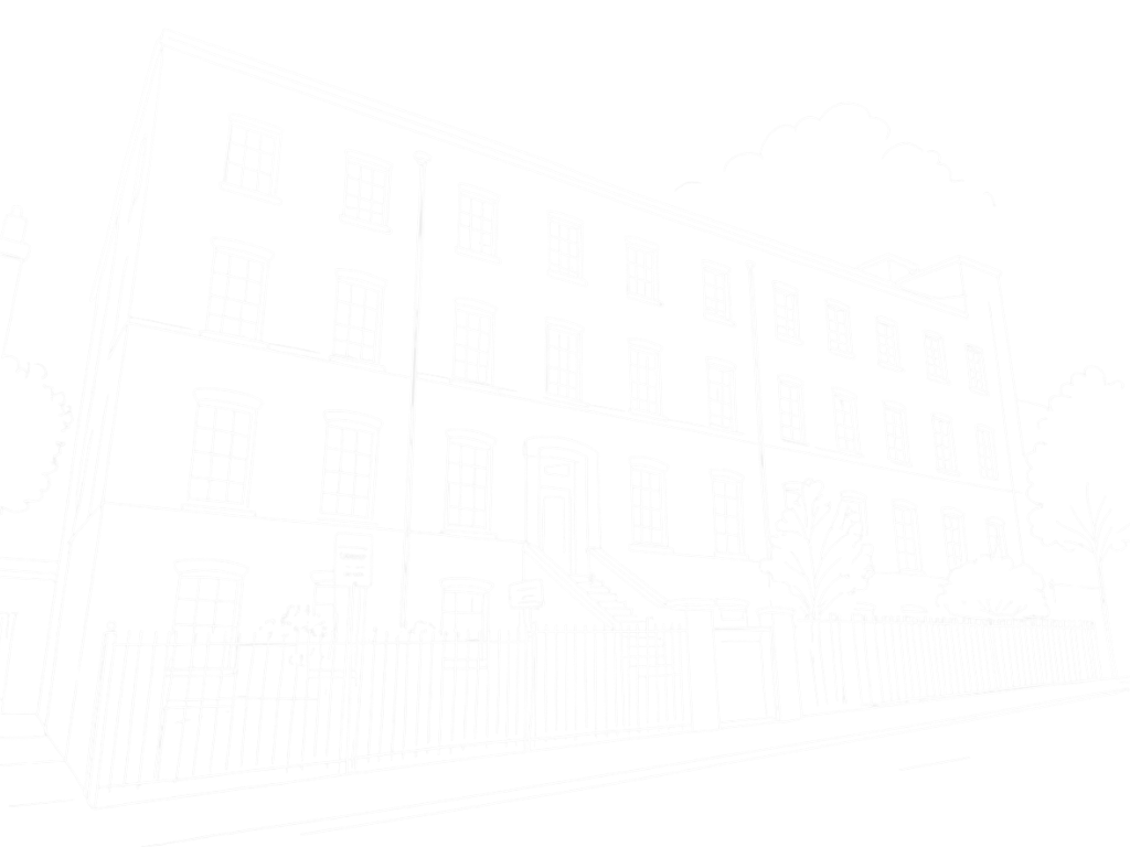 Line drawing of a multi-story brick building with a fence in front, trees on either side, and a cloud in the sky.