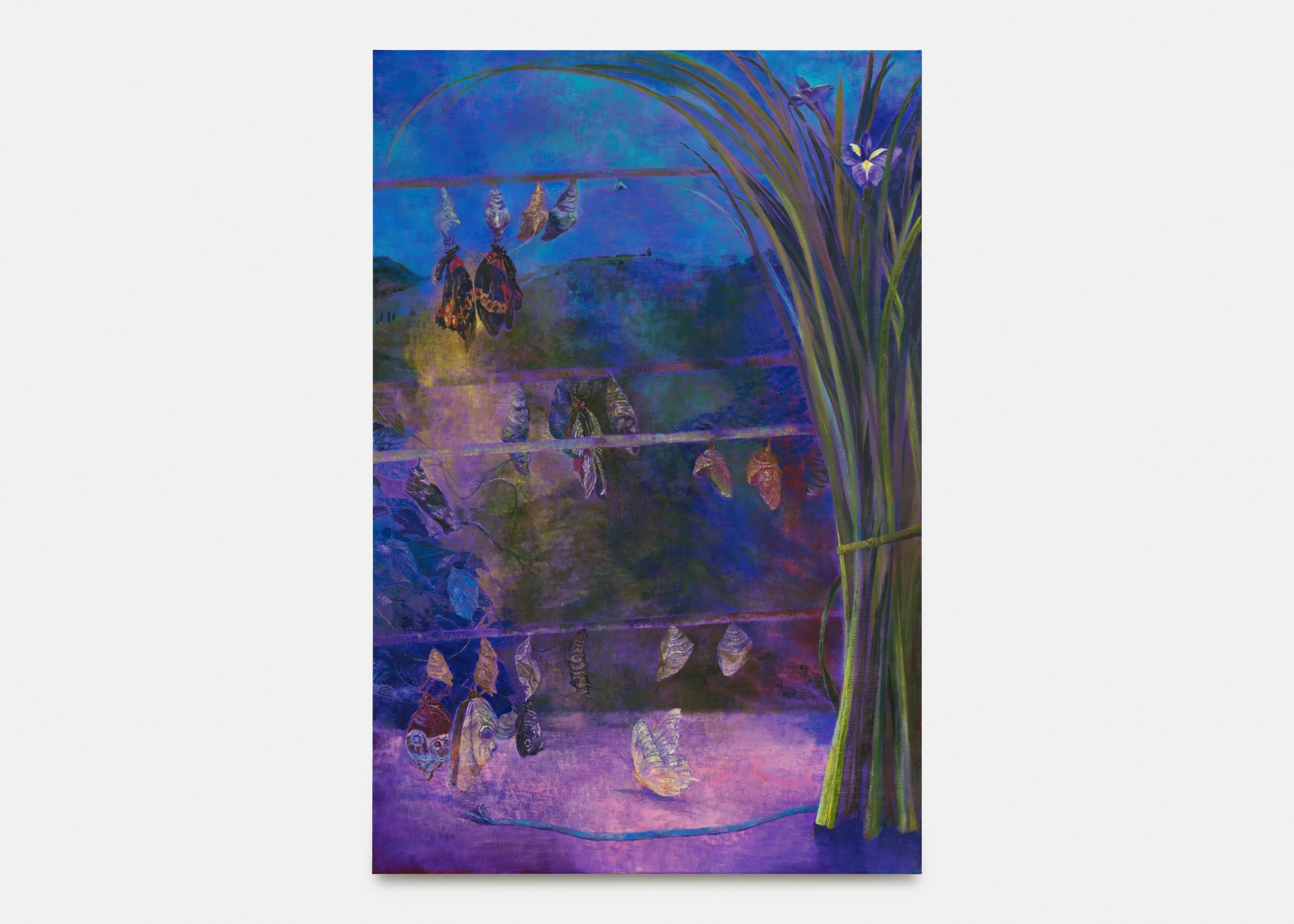 Painting depicting a bunch of butterflies hanging from a horizontal line with a background of blue hues and tall green grass on the right side.