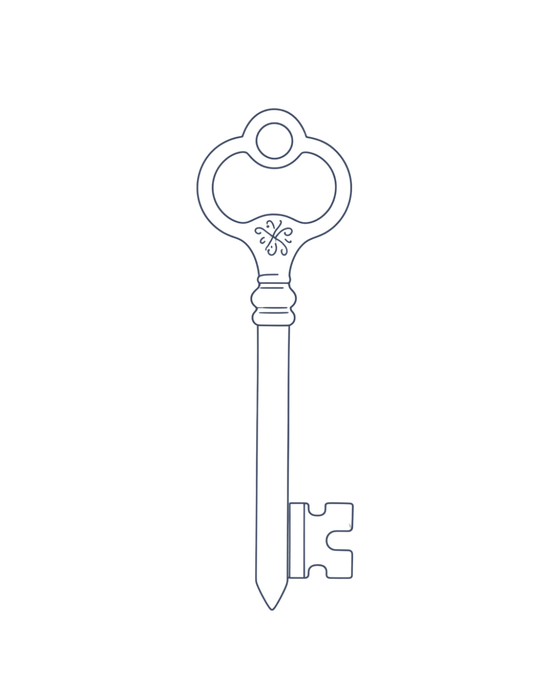 Line drawing of a vintage skeleton key with a circular ornate bow and a bit with a notched edge.