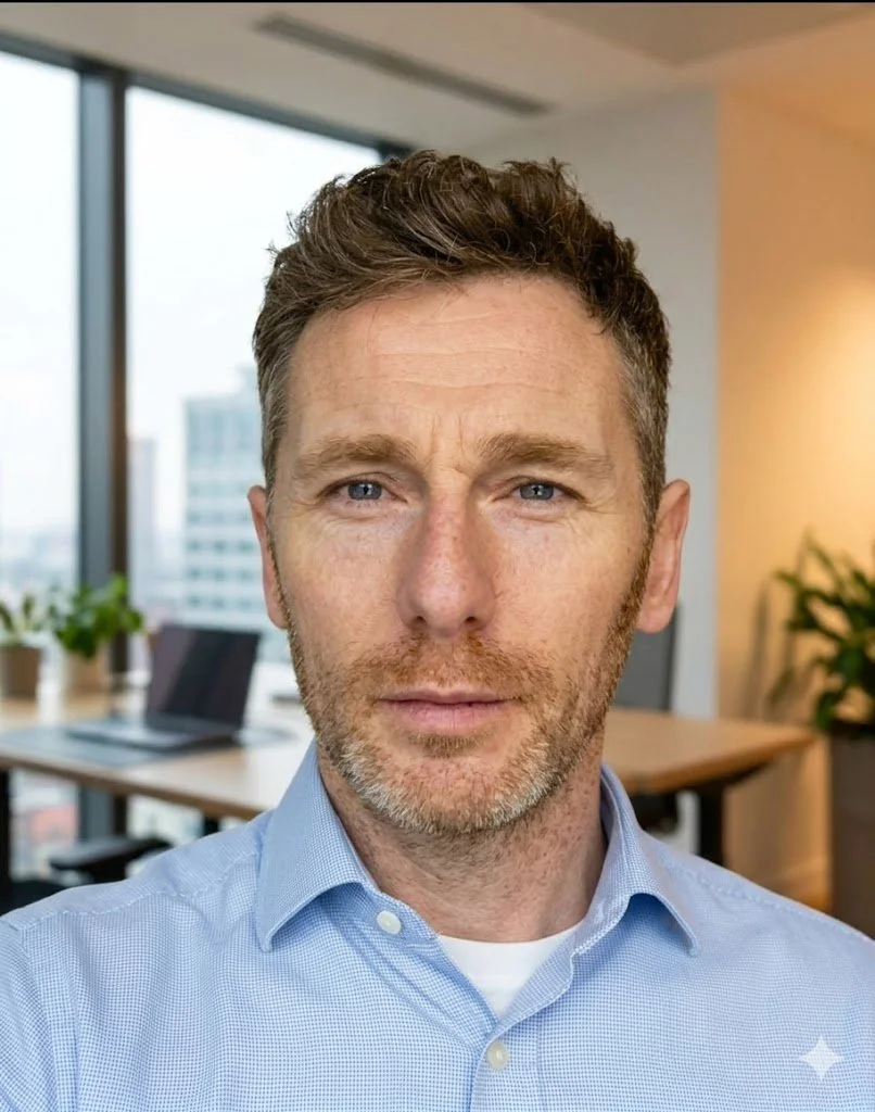 A middle-aged man with short brown hair and blue eyes, wearing a light blue dress shirt, in an office with large windows, desks, laptops, and potted plants in the background.