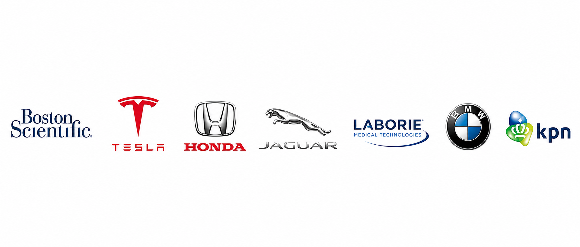Logos of Boston Scientific, Tesla, Honda, Jaguar, Laborie, BMW, and KPN