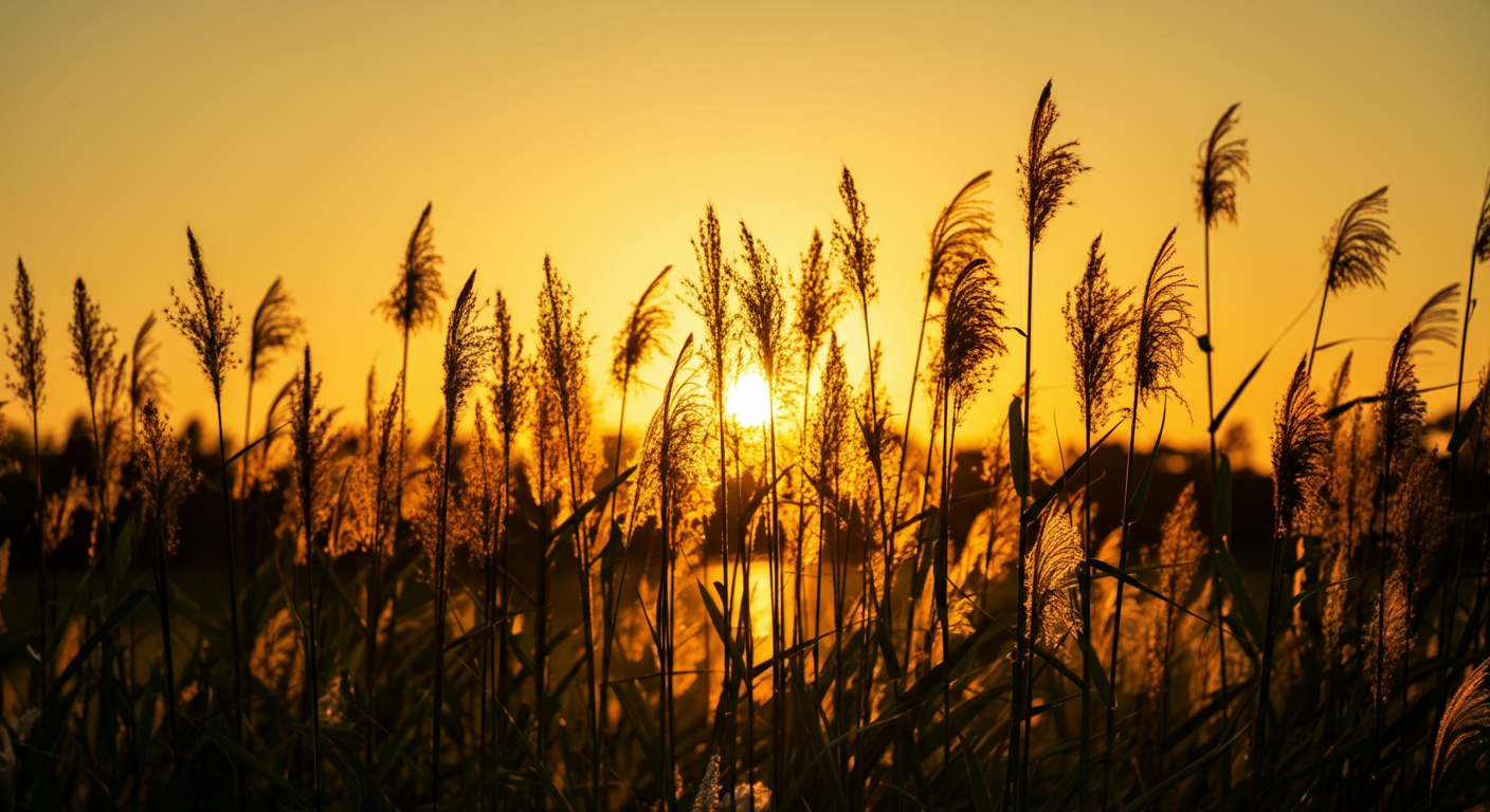 Tall grass plants silhouetted against a bright sunset or sunrise sky.