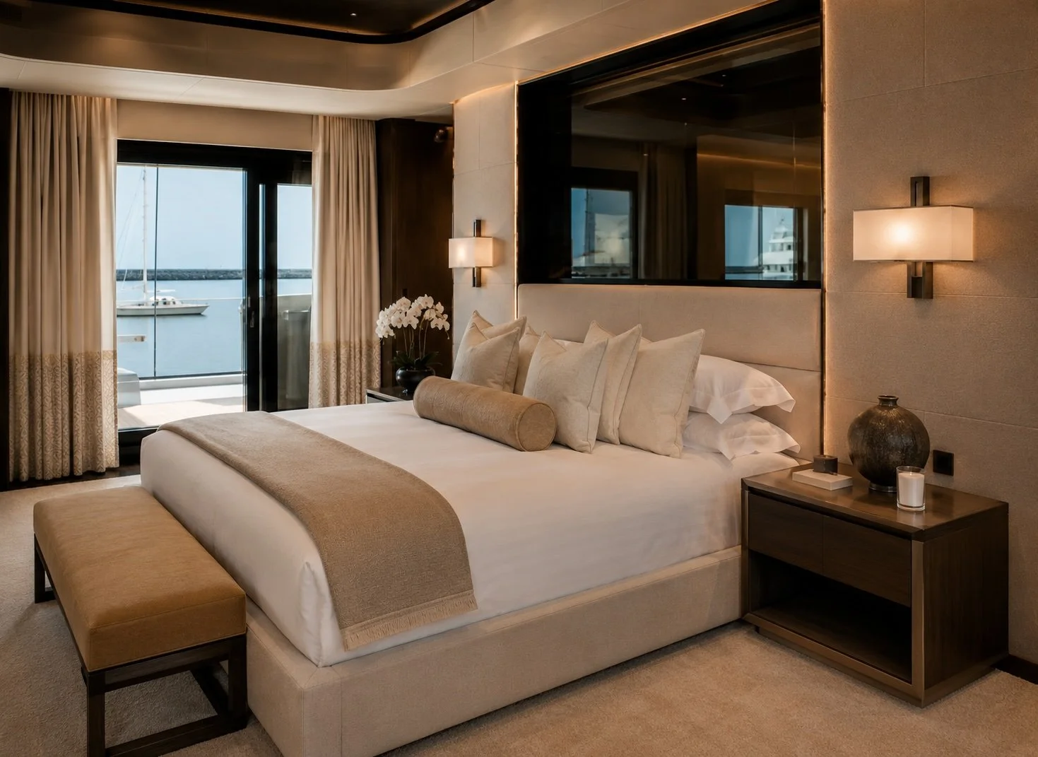 Master suite. Lighting, furniture, linens, window treatments — the owner's space given the most considered hand.