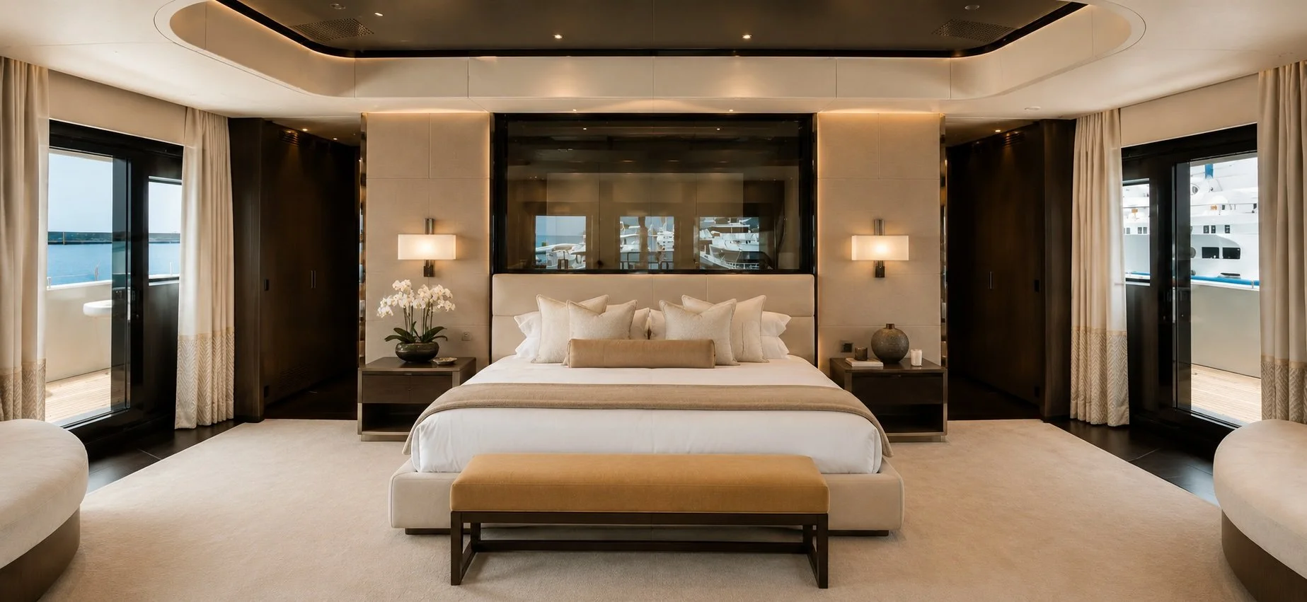 Master suite. The full width of the vessel — dressed from the ground up.