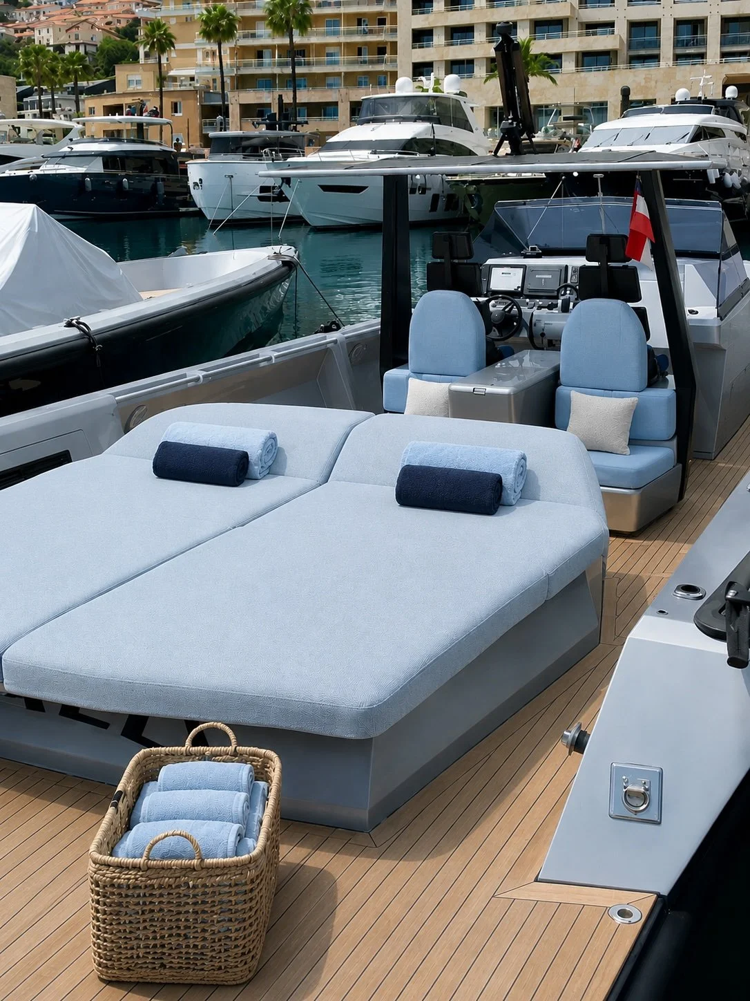 The full palette carried through — upholstery, towelling, and styling in a single tone.