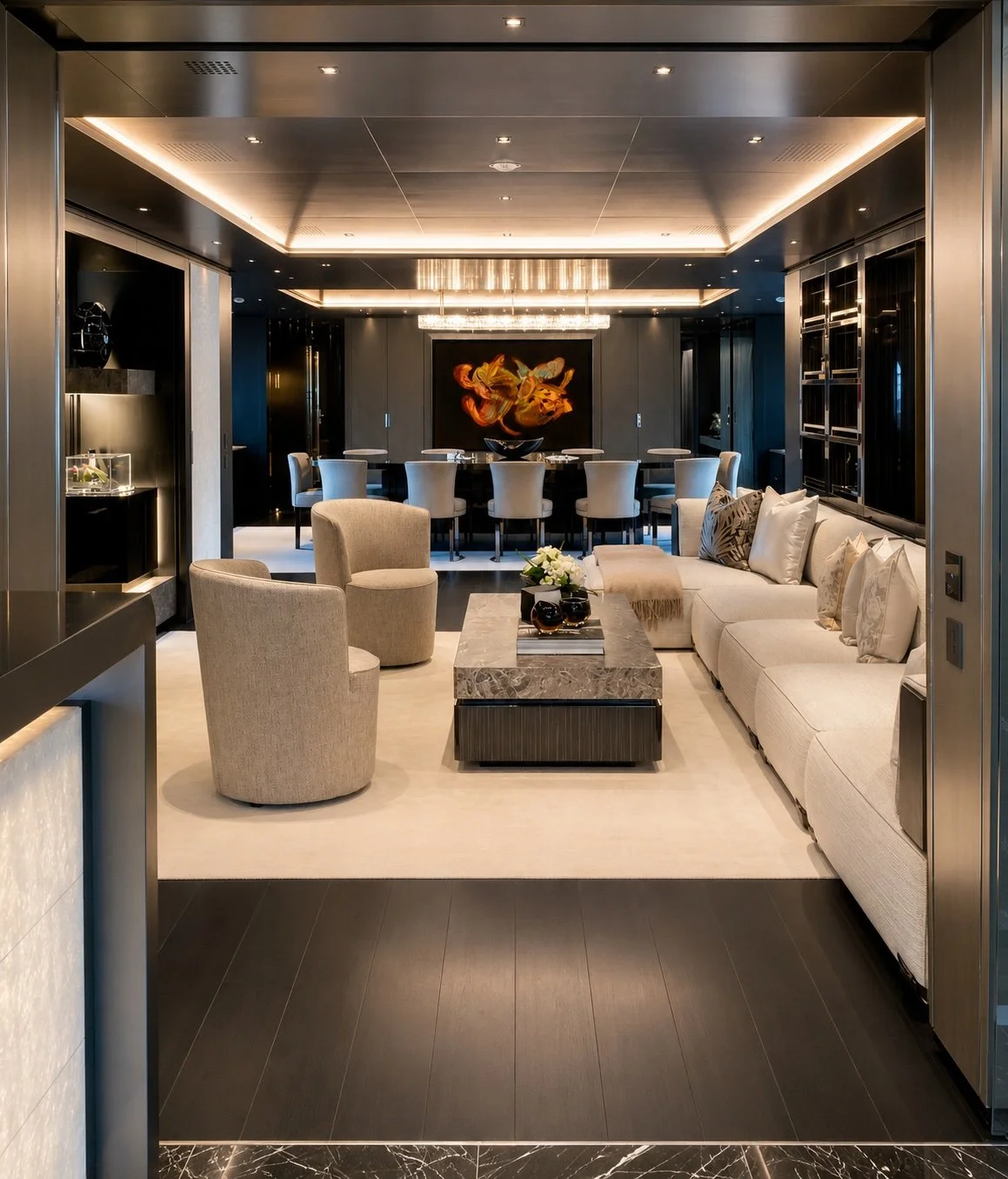 Main saloon. A complete restyling: art, lighting, soft furnishings, window treatments.