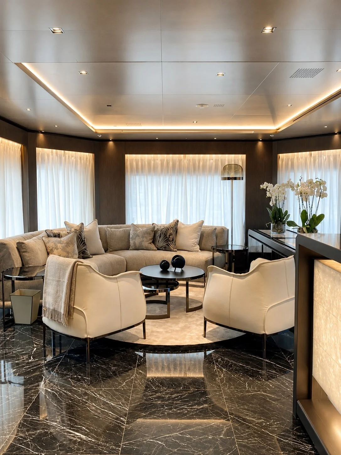 Aft lounge. Full sourcing: furniture, window treatments, lighting, styling.