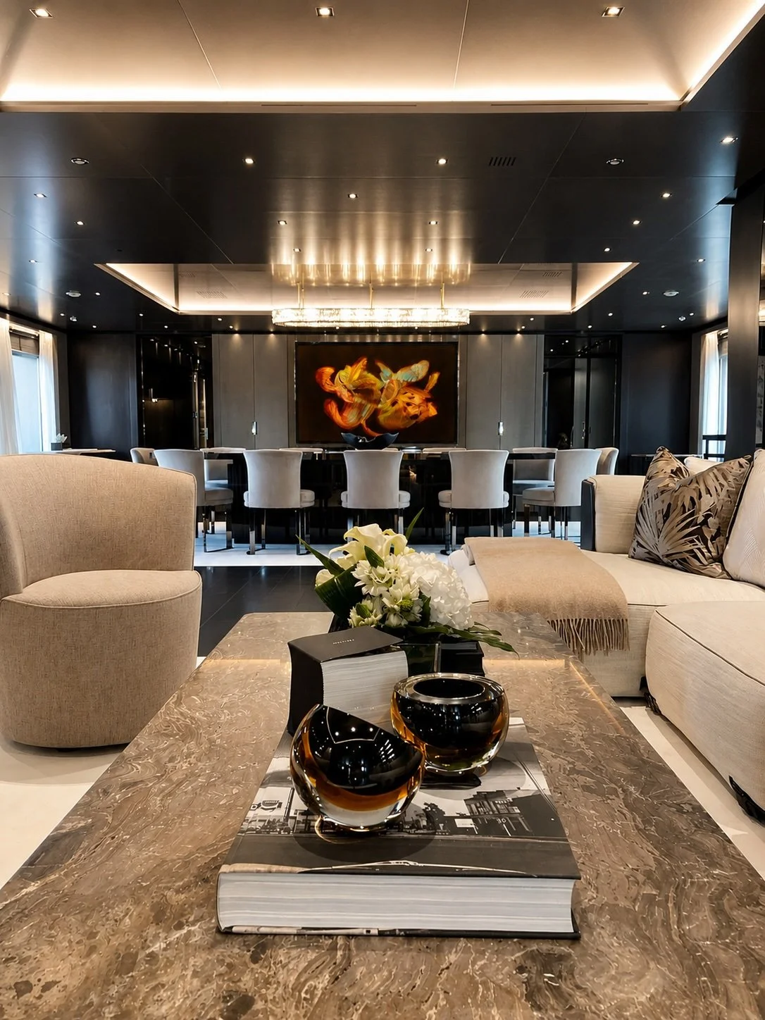 Main saloon. A complete restyling: art, lighting, soft furnishings, window treatments.