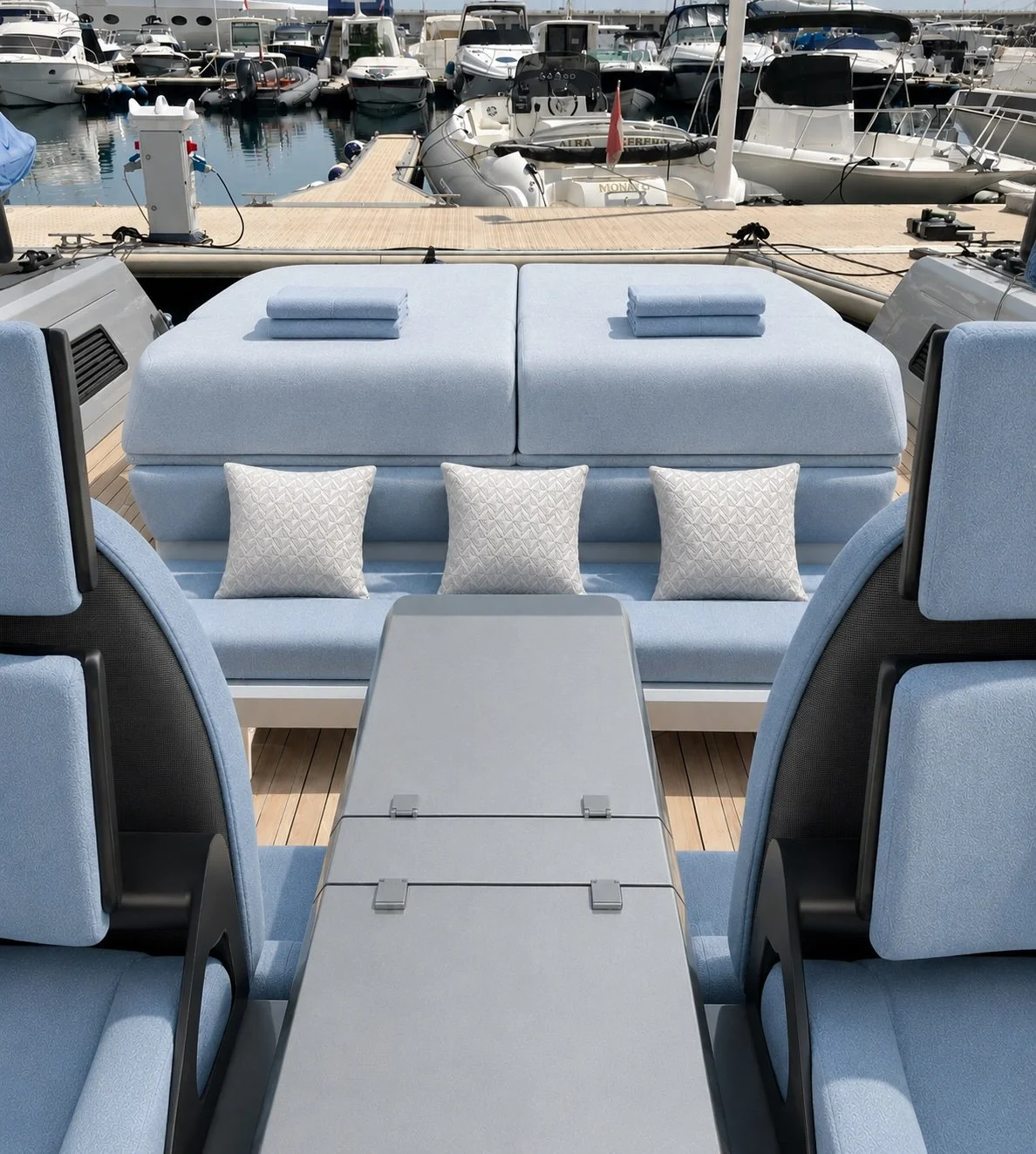  Upholstered surfaces reimagined in powder blue — the ocean as the only reference.