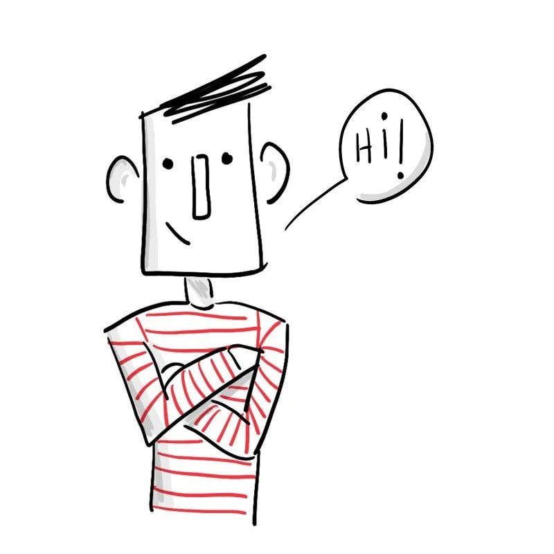 A cartoon drawing of a person with short black hair, earrings, wearing a red and white striped shirt, crossing their arms, and saying 'Hi!' in a speech bubble.