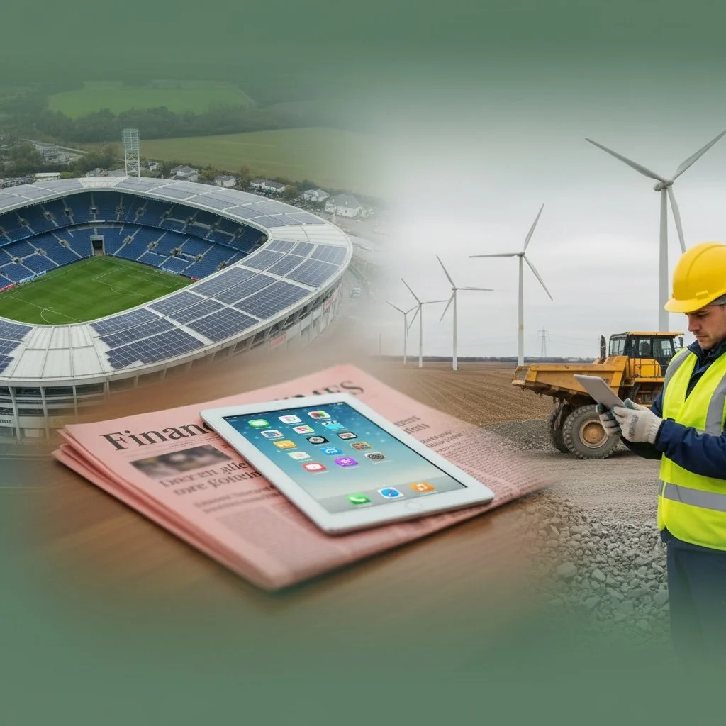 A stadium with solar panels, wind turbines in a field, and a construction worker using a tablet with newspapers and a smartphone in the foreground.