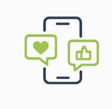 Two smartphones with speech bubbles, one with a heart icon and the other with a thumbs-up icon.