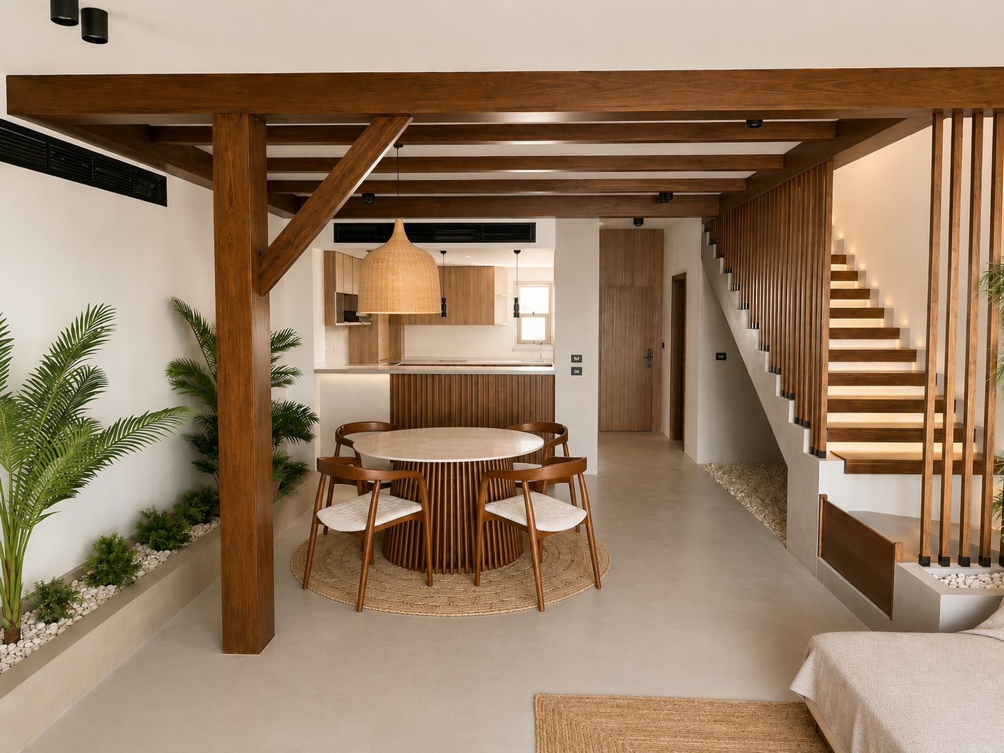 Modern open-concept living and dining area with wooden accents, round dining table with four chairs, staircase with wooden slats and LED lighting, small kitchen in the background, greenery along the wall, and minimalist decor.