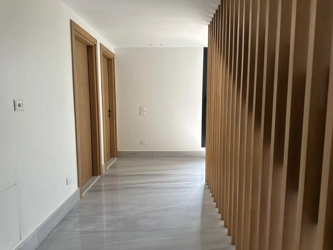 Empty hallway with three wooden doors on the left and a privacy wall on the right in a modern home