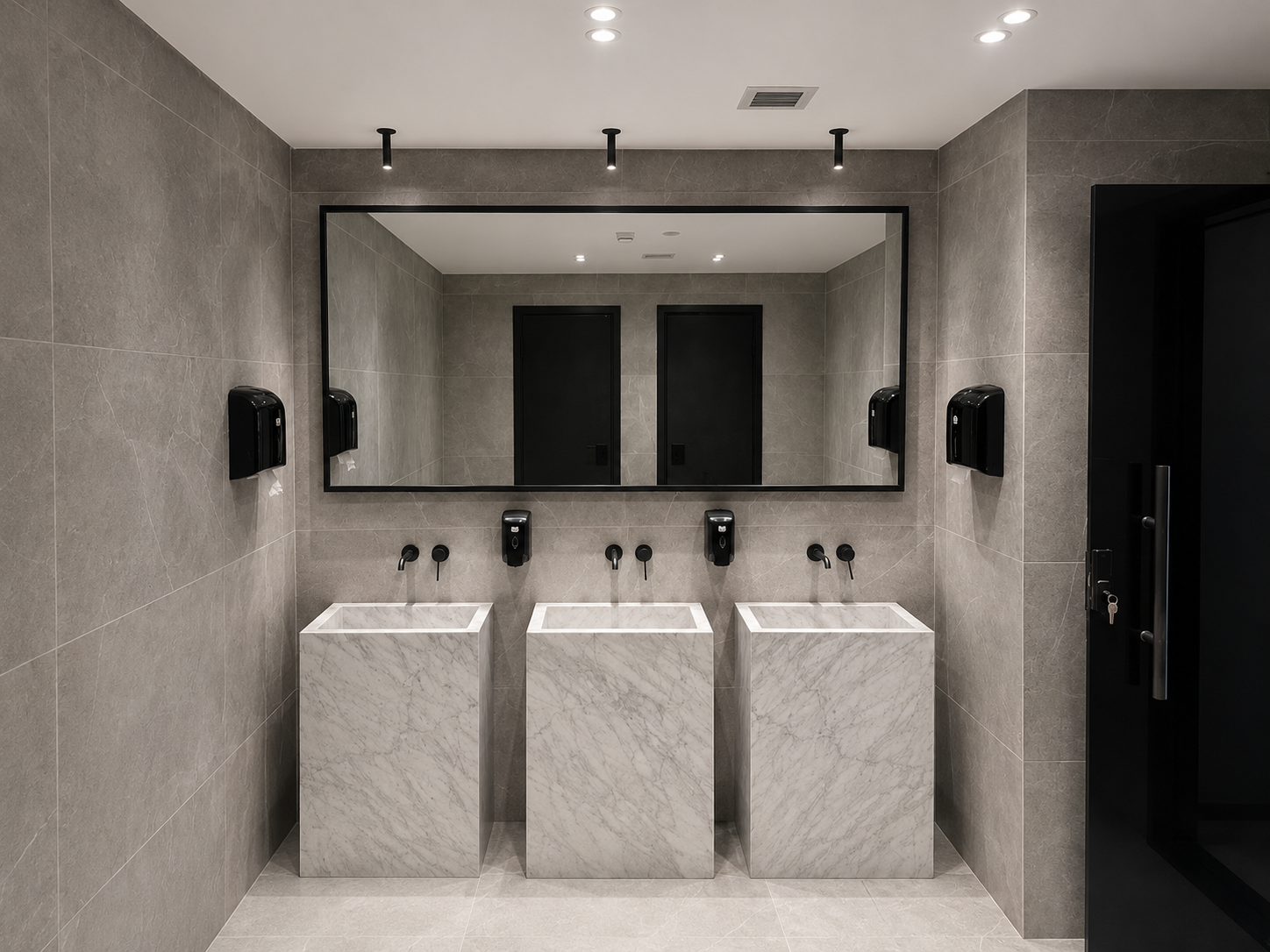 Men's bathroom with three marble sinks, large mirror, dual black soap dispensers, and wall-mounted paper towel dispensers.