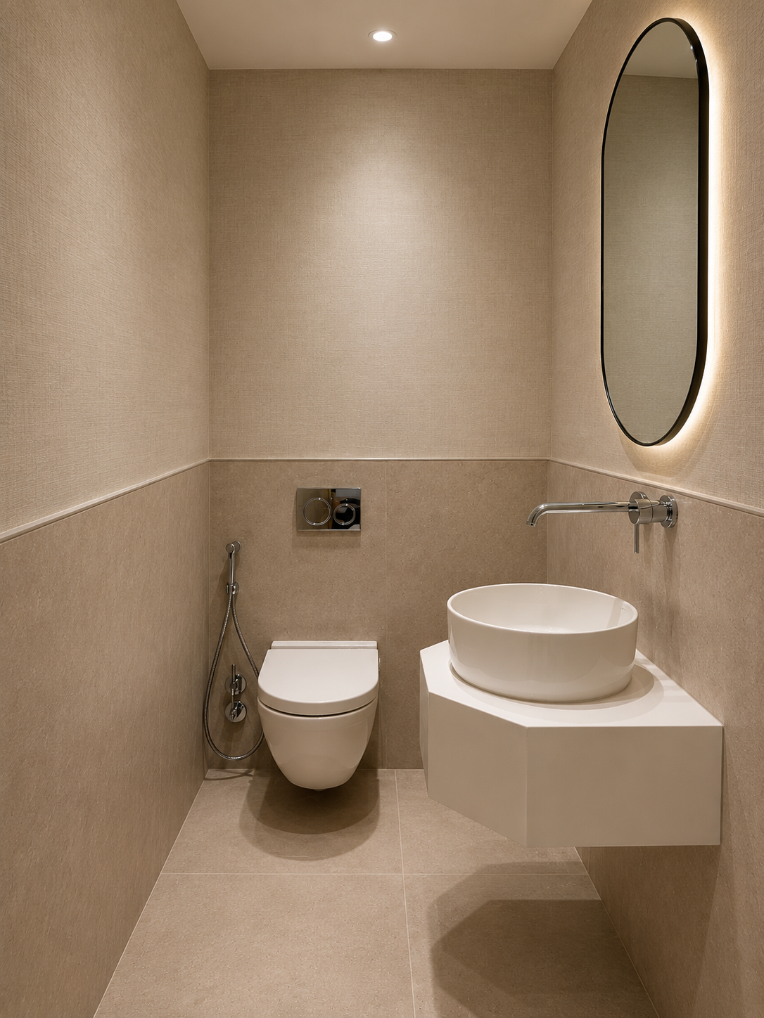 A modern, minimalist bathroom with beige walls and floor, a wall-mounted toilet with a bidet, a round vessel sink on a geometric floating vanity, an oval backlit mirror, and sleek fixtures