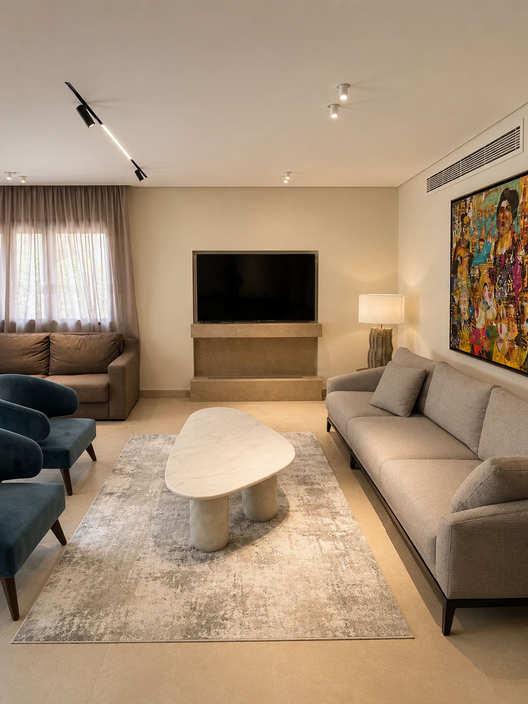 Modern living room with beige sofas, blue chairs, marble coffee table, entertainment center, and wall art.