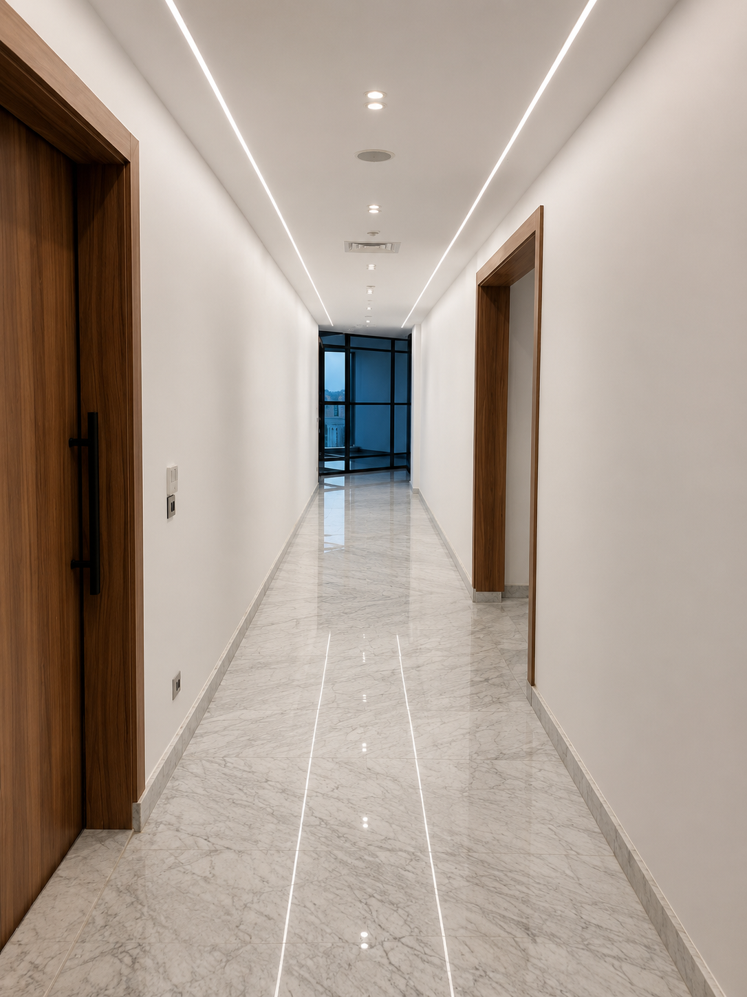 Modern hallway with white walls, marble flooring, wooden door frames, and LED strip lighting on the ceiling leading to a glass door at the end.
