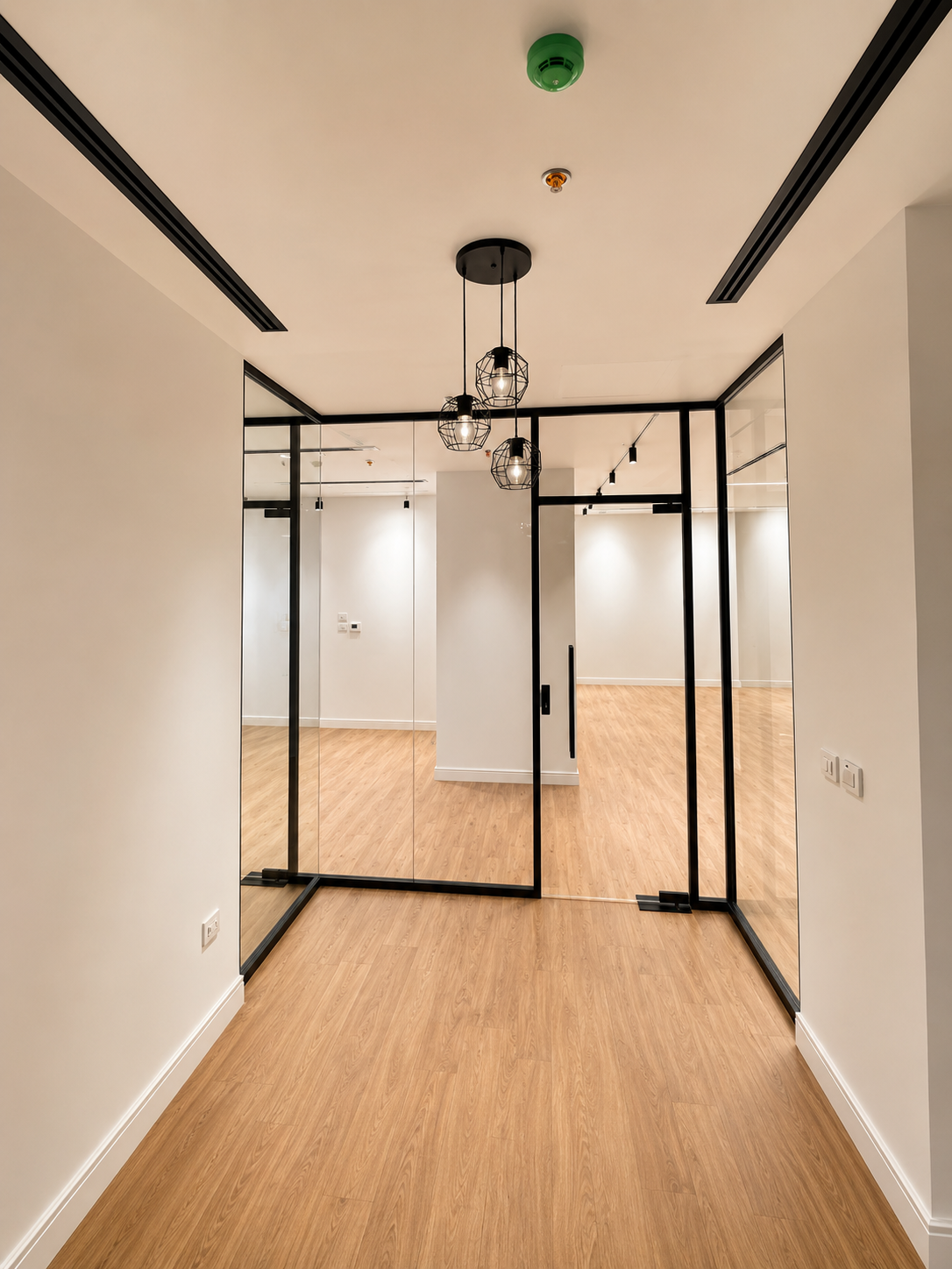A modern interior space with wood flooring, white walls, black-framed glass sliding doors, and black ceiling light fixtures.
