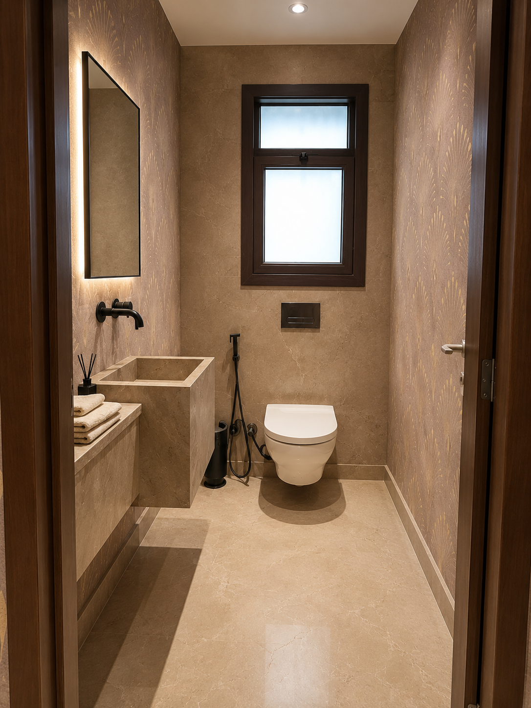 Modern bathroom with beige marble tiled walls and floor, a wall-mounted toilet, a small frosted window, a rectangular wall mirror with backlight, and a beige marble sink with folded towels on the countertop.