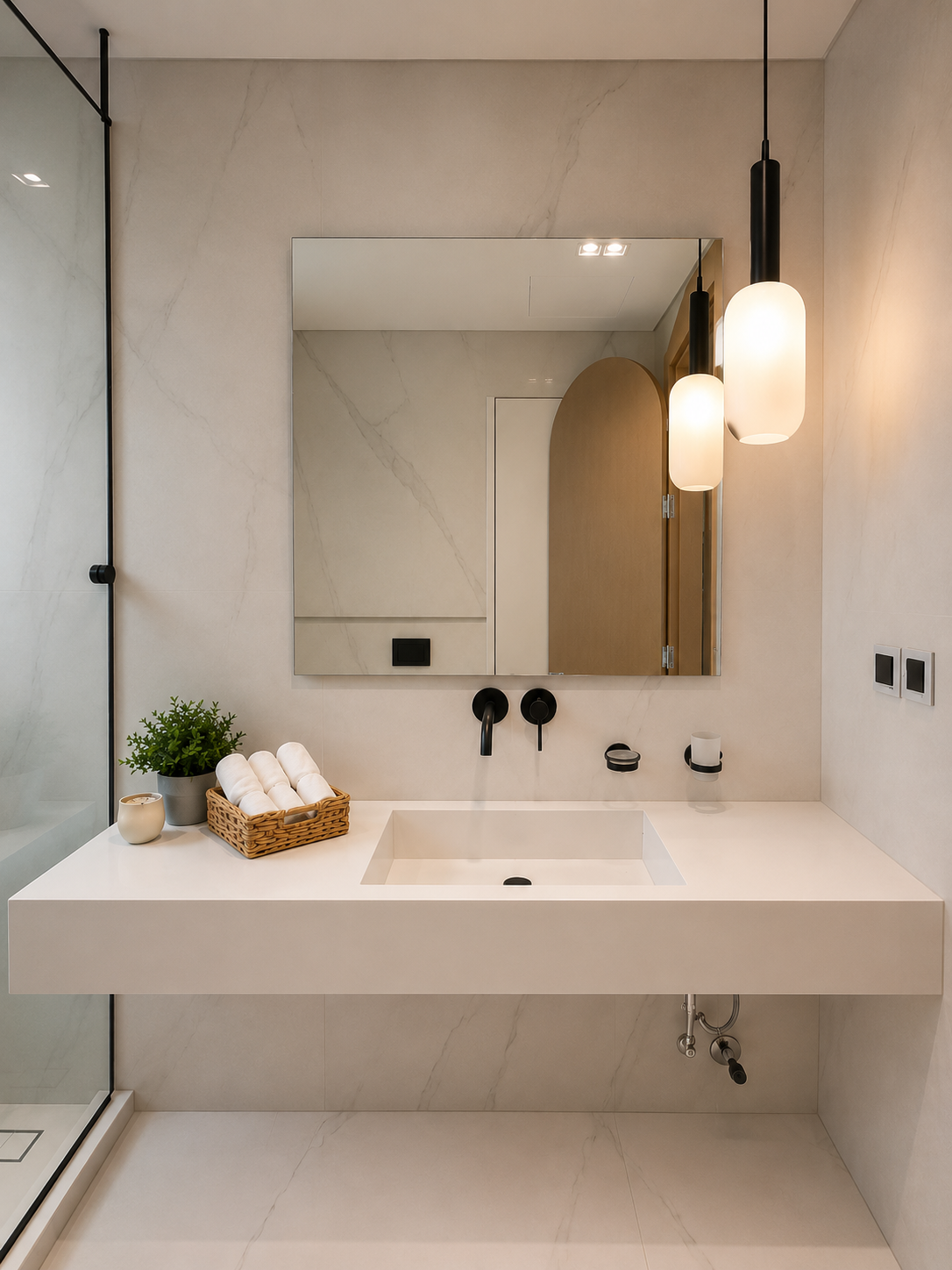 Modern bathroom with a white countertop sink, a large mirror, black fixtures, pendant lighting, a potted plant, rolled towels in a basket, and a glass shower enclosure.