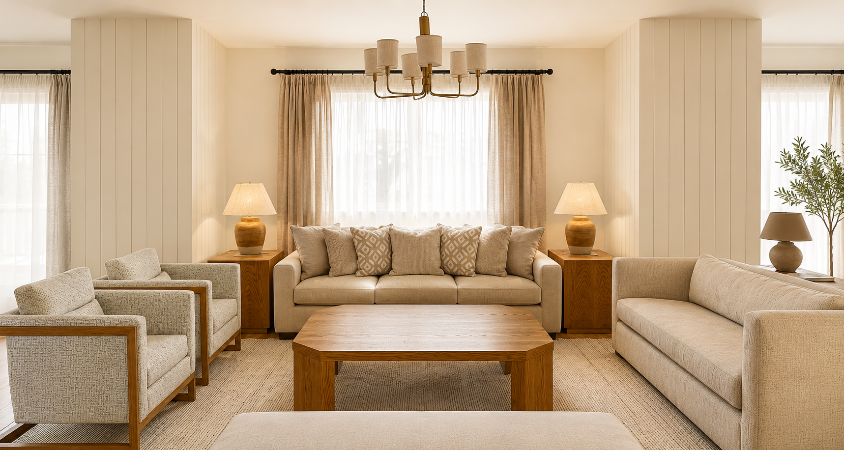 A cozy, well-lit living room with beige couches, wooden side tables with lamps, armchairs, a wooden coffee table, and curtains with natural light streaming in.