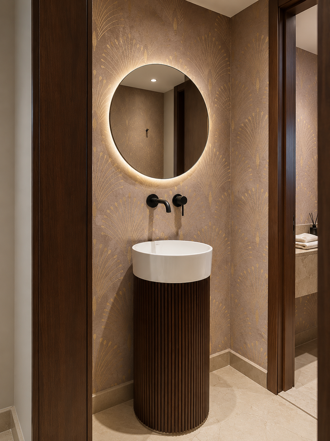 A modern bathroom with a round mirror backlit with soft lighting, a white vessel sink on a cylindrical wooden stand, and wall-mounted black faucet fixtures. The wall has a decorative gold pattern on a brown background, and there is a doorway to a space with a towel and toiletries.