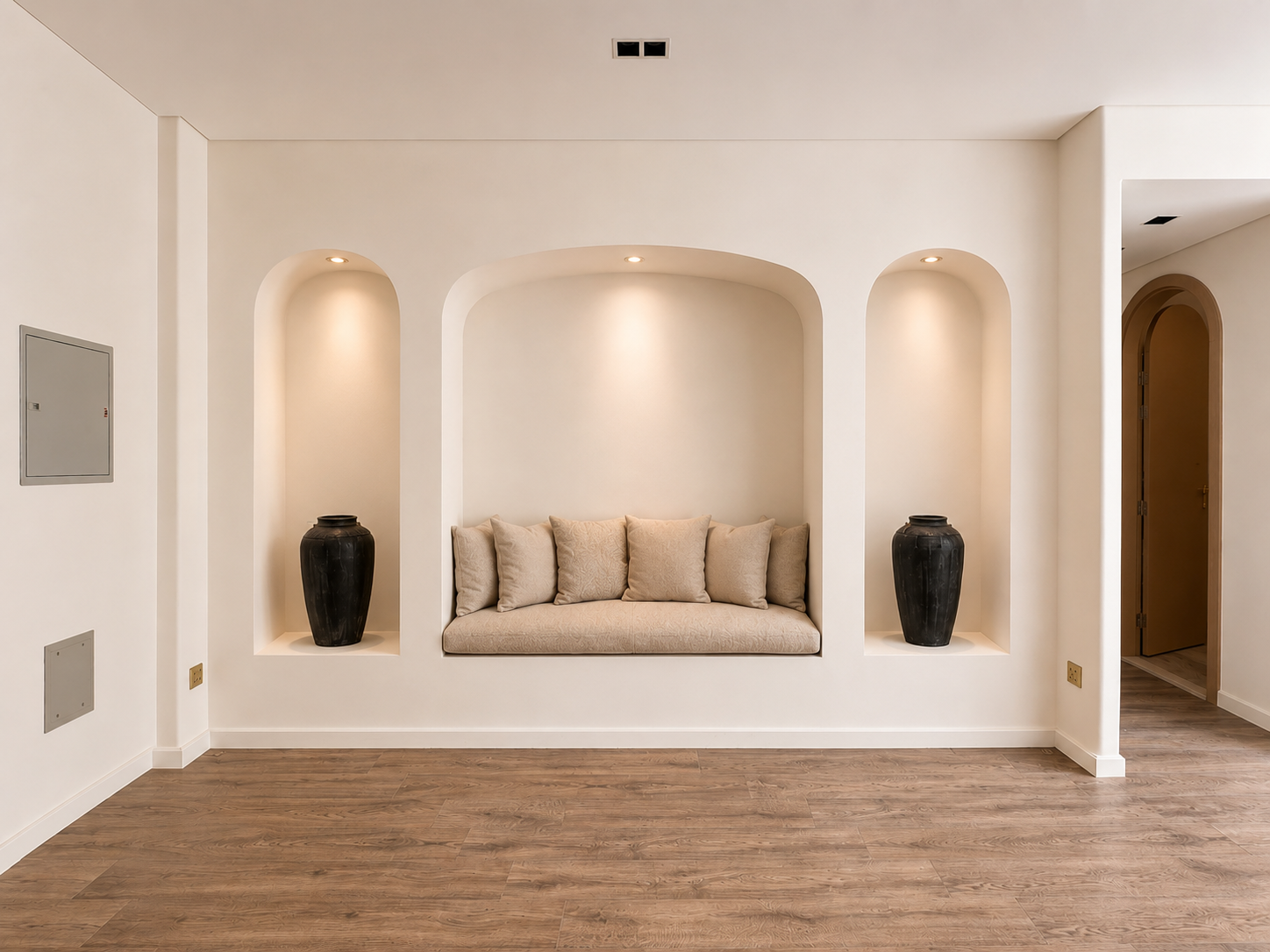 Minimalist interior with built-in seating area with beige cushions, flanked by two large black vases in arched niches, with wooden flooring and white walls.